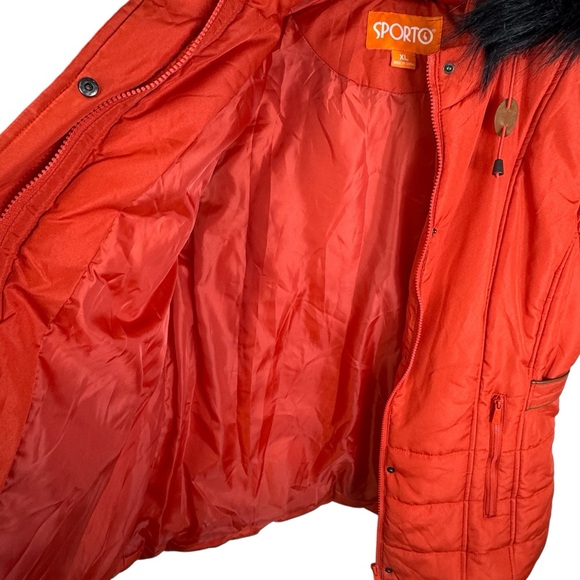 NEW Sporto Orange Rust XL Longline Quilted Jacket Vest Faux Fur Trimmed Hood - Picture 11 of 14
